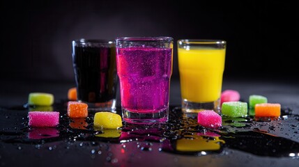Colorful drinks and sugary candies displayed on a wet surface.