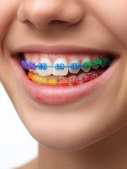 Young female smiling with colorful braces displaying dental care and orthodontic treatment.