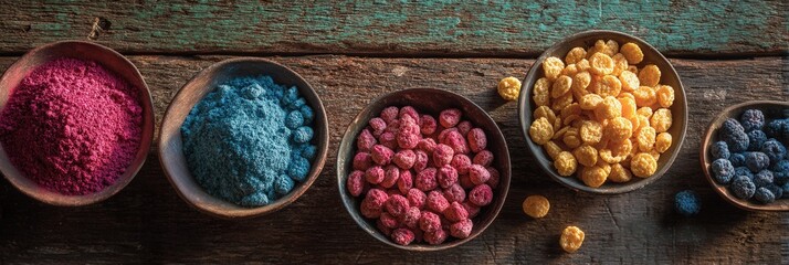 Colorful superfood powders and dried berries on rustic wooden table.