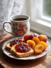 Breakfast with toast and jam next to fresh peaches and a cup of tea near window.