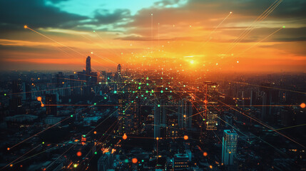 Fototapeta premium Smart city with connection network reciprocity over the cityscape social media networking systems that connects on the peak of success amid tall, innovative Smart city and graphs with statistics