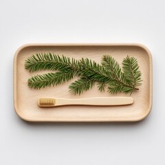 Wooden toothbrush and fir sprigs on a rectangular tray