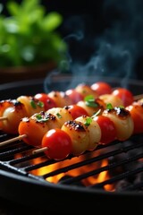 Juicy grilled shashliks on hot grate, sizzling , tasty, flame