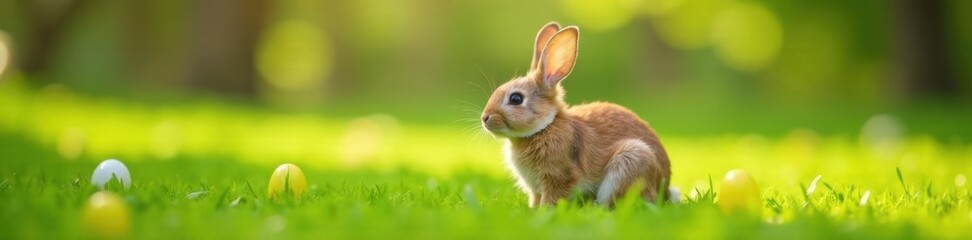 Little one and pet rabbit, Easter scene, green lawn, colorful, easter
