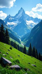 Majestic snow-capped peaks, lush green valleys , clouds, sky