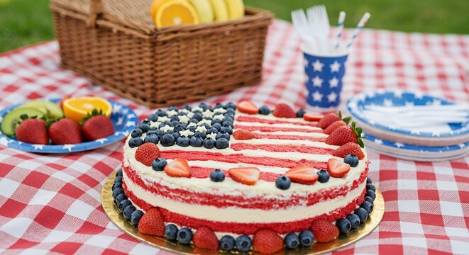 American flag cake adorned with berries on a checkered picnic blanket surrounded by fruit and tableware