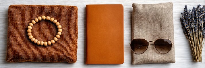 Minimalist arrangement with notebook, sunglasses, bracelet, and lavender.