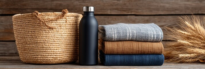Cozy autumn scene with woven basket, black water bottle, folded sweaters, and wheat decor.