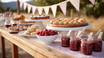 Rustic outdoor picnic table with jams, pastries, bowls of fresh raspberries, and gingham decor.