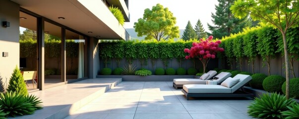 Modern minimalist patio with sleek lines & vibrant planters, patio, plants