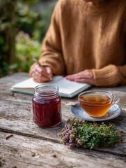 Cozy outdoor writing scene with tea jar and young female in autumn sweater.
