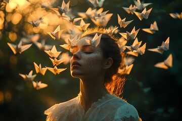 Surreal Origami Bird Portrait in Twilight Forest