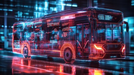 Futuristic electric bus in a city.  Internal components and route data displayed