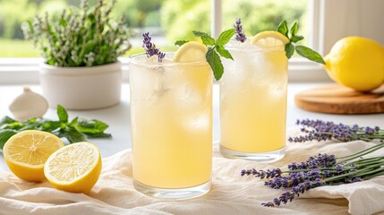 Fototapeta premium Refreshing Lemonade with Mint and Lavender in Bright Natural Setting