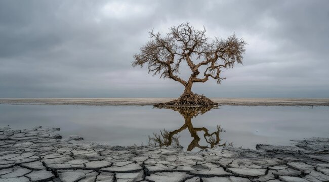 A solitary, leafless tree stands in shallow, calm water, its reflection mirroring perfectly in the still surface.  Cracked, dry earth surrounds the water's edge under an overcast sky