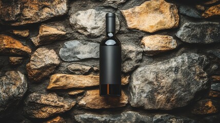 Wine bottle resting on a stone wall.