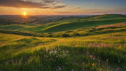 Fototapeta premium Rolling Hills Sunset: Panoramic view of rolling hills bathed in the warm light of a vibrant sunset, showcasing the natural beauty and serene landscape.