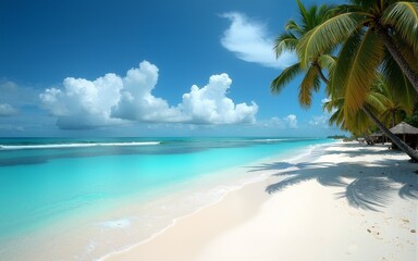 Beautiful tropical beach banner. White sand and coco palms travel tourism wide panorama background concept. Amazing beach landscape. High quality