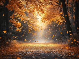 Vibrant autumn forest trail with golden leaves falling in soft sunlight, creating a peaceful and nostalgic atmosphere, perfect for travel, health and wellness