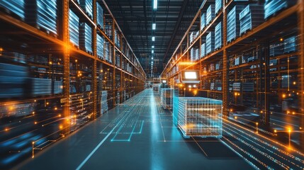 Fototapeta premium Automated warehouse with robotic carts. Intricate network of automated logistics, illuminated with digital pathways