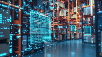 Warehouse with digital overlay.  Inside view of a warehouse, showing shelves of goods, overlaid with glowing, complex digital data