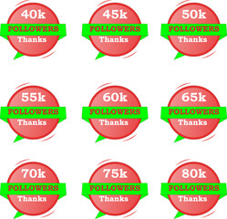 Followers bundle graphic from 40K to 80K with red gradient, light green, and white backgrounds. Editable vector design ideal for social media and marketing use.