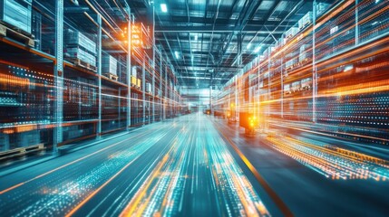 Fast-paced warehouse interior.  Motion blur highlights automated logistics