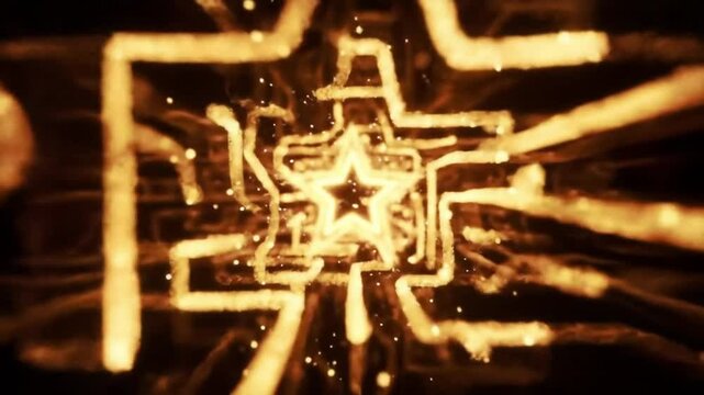 A dynamic perspective shift within a complex golden maze of light shaped like a star. An energetic, futuristic background for high-tech and entertainment projects.