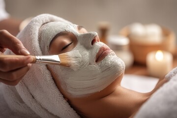 Asian young woman enjoys relaxing spa facial treatment.