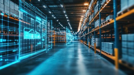 Modern warehouse with digital overlays