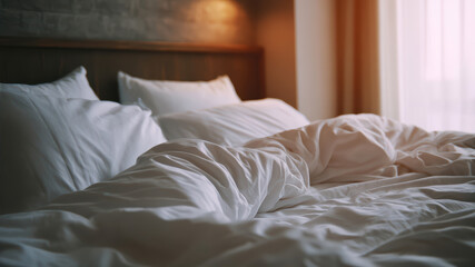Sunlit cozy bedroom with rumpled bedding