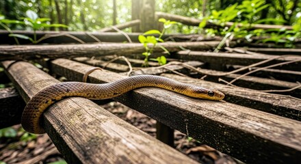 Brown Tree Snake Navigating Abandoned Hut Beams in Jungle