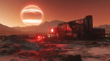 An abandoned industrial facility with partially collapsed roofs and malfunctioning machinery, bathed in ominous red and white lights, on an alien planet with a glowing ringed planet looming overhead.