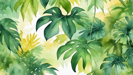 Watercolor tropical leaves on light background with sunny tones