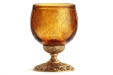 Amber glass goblet with ornate gold-tone base