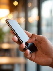 Close-up of hand holding smartphone indoors with blurred background.
