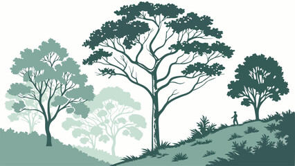 Silhouette of trees and a person walking on a hill in a serene and foggy landscape illustration