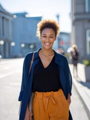 Smiling young african female adult walking in urban street wearing blue coat and orange pants.
