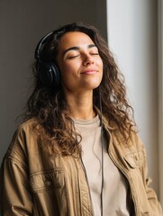 Young hispanic female enjoying music with headphones by window.