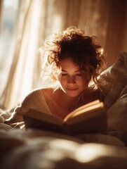 Caucasian female adult reading a book in cozy morning light.