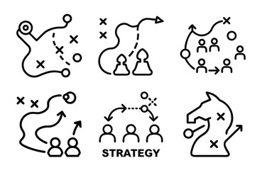 Bundle of Strategy Map Silhouette Icons in Minimal Line Style on White Background – Business Planning, Tactical Routes, and Team Strategy Vector Set

