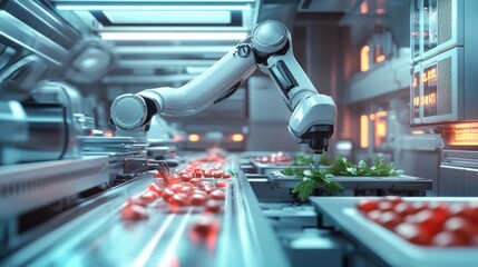 Robotic food processing. Automated line sorts and places produce