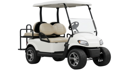 Isolated White Golf Cart with Beige Seats and Windshield