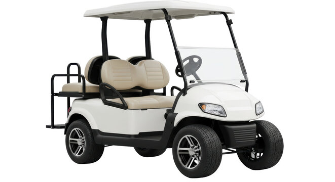Isolated White Golf Cart with Beige Seats and Windshield - Powered by Adobe