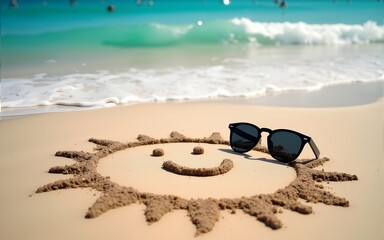 Summer beach smiling sun happy smiley face drawing drawn in sand with accessories holiday vacation photo. High quality