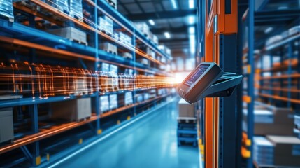 Automated warehouse inventory management system.  High-tech, modern warehouse, shelves filled with goods, digital scanning in progress