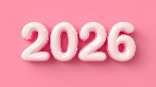 Pink background with the word "2026" in white letters, pink color scheme, 3D text effect, shiny plastic texture style, smooth and glossy finish, cute cartoon design, playful font style