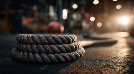 Coiled fitness rope on gym floor, textured rubber detail, dramatic lighting - Strength and movement in focus