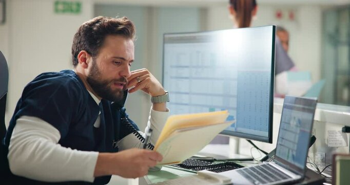 Phone call, man and nurse in clinic, documents and crisis with healthcare, administration or schedule. People, medical service or employees with discussion, time management or paperwork with workload
