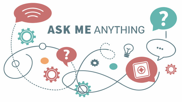 Illustration depicting ask me anything concept with speech bubbles, gears, a lightbulb, and a winding line